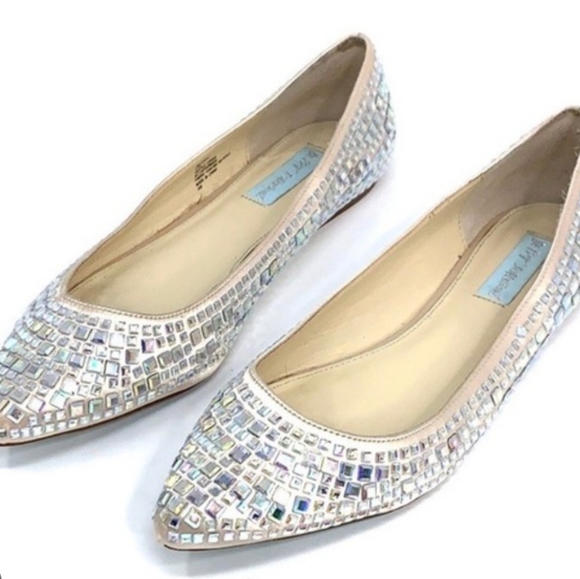 Betsey Johnson Shoes - BETSY JOHNSON Champagne Satin Rhinestone Pointy Flats